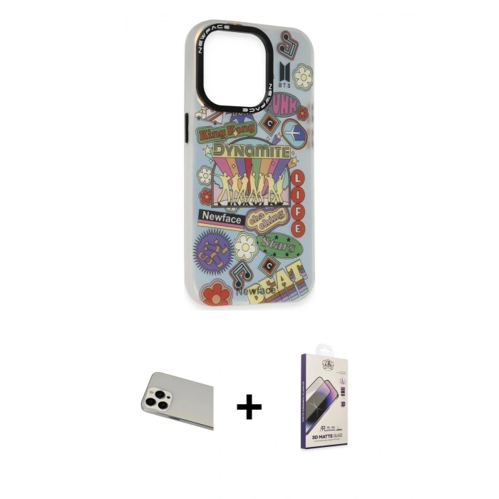 MARSİLYAN™- iPhone 13 Pro Max Kılıf Siluet Çizgi Koleksiyonu - Siyah Bilvis 3D Mat Cam Ekran Koruyucu + Rainbow Kamera Lens Koruma Cam - BZ