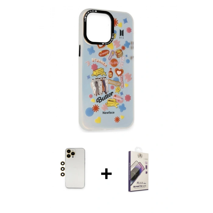 MARSİLYAN™- iPhone 13 Pro Max Kılıf Siluet Çizgi Koleksiyonu - Siyah Bilvis 3D Mat Cam Ekran Koruyucu + Shine Kamera Lens - GD