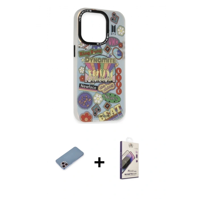 MARSİLYAN™- iPhone 13 Pro Max Kılıf Siluet Çizgi Koleksiyonu - Siyah Bilvis 3D Mat Cam Ekran Koruyucu + Shine Kamera Lens Koruma Cam - PE