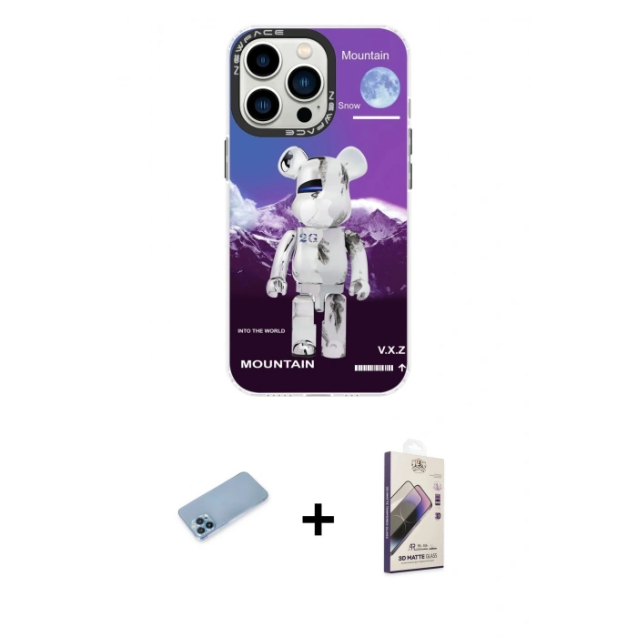 MARSİLYAN™- iPhone 13 Pro Max Kılıf Siluet Çizgi Koleksiyonu - Siyah Bilvis 3D Mat Cam Ekran Koruyucu + Shine Kamera Lens Koruma Cam - MI