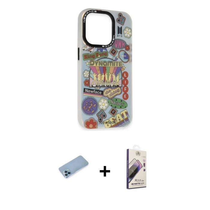 MARSİLYAN™- iPhone 13 Pro Max Kılıf Siluet Çizgi Koleksiyonu - Siyah Bilvis 3D Mat Cam Ekran Koruyucu + Shine Kamera Lens Koruma Cam - MI