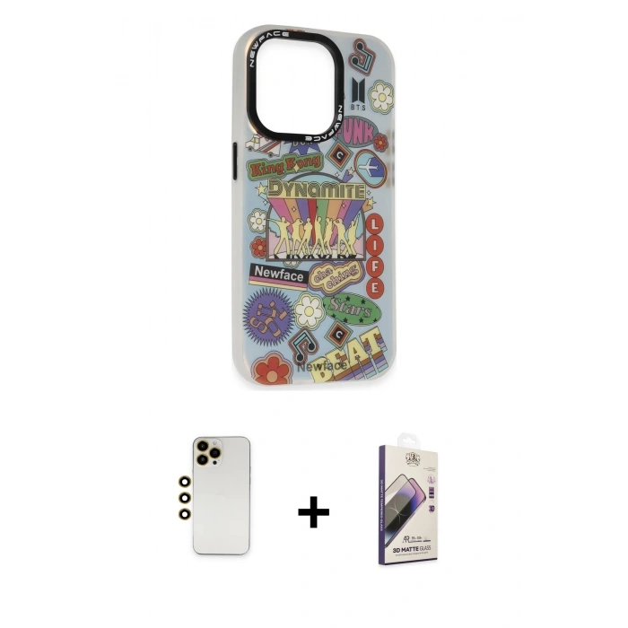 MARSİLYAN™- iPhone 13 Pro Max Kılıf Siluet Çizgi Koleksiyonu - Siyah Bilvis 3D Mat Cam Ekran Koruyucu + Shine Kamera Lens - GD