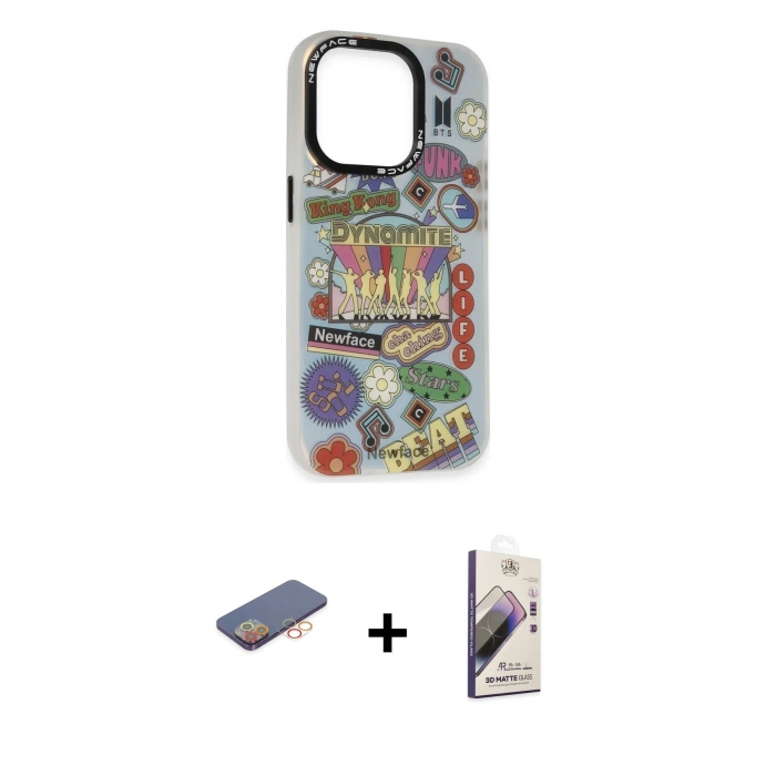 MARSİLYAN™- iPhone 13 Pro Max Kılıf Siluet Çizgi Koleksiyonu - Siyah Bilvis 3D Mat Cam Ekran Koruyucu + Renkli Kamera Lens Koruma Cam - TU