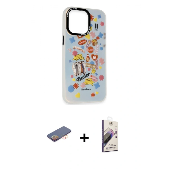 MARSİLYAN™- iPhone 13 Pro Max Kılıf Siluet Çizgi Koleksiyonu - Siyah Bilvis 3D Mat Cam Ekran Koruyucu + Renkli Kamera Lens Koruma Cam - TU