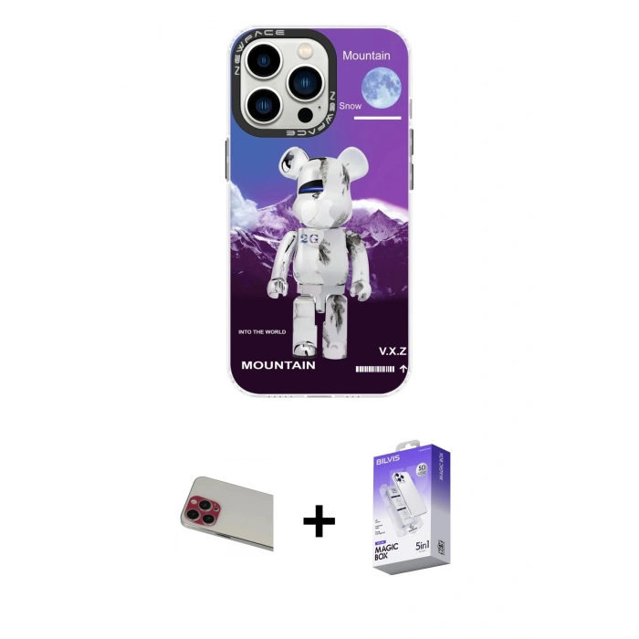 MARSİLYAN™- iPhone 13 Pro Max Kılıf Siluet Çizgi Koleksiyonu - Siyah Bilvis 5in1 3D Magic Cam Ekran Koruyucu + Kırmızı Rainbow Kamera Lens Koruma Cam