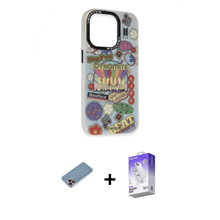 MARSİLYAN™- iPhone 13 Pro Max Kılıf Siluet Çizgi Koleksiyonu - Siyah Bilvis 5in1 3D Magic Cam Ekran Koruyucu + Pembe Shine Kamera Lens Koruma Cam