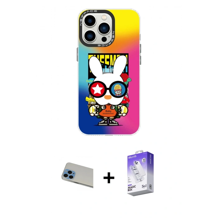 MARSİLYAN™- iPhone 13 Pro Max Kılıf Siluet Çizgi Koleksiyonu - Siyah Bilvis 5in1 3D Magic Cam Ekran Koruyucu + Rainbow Kamera Lens Koruma Cam - MI