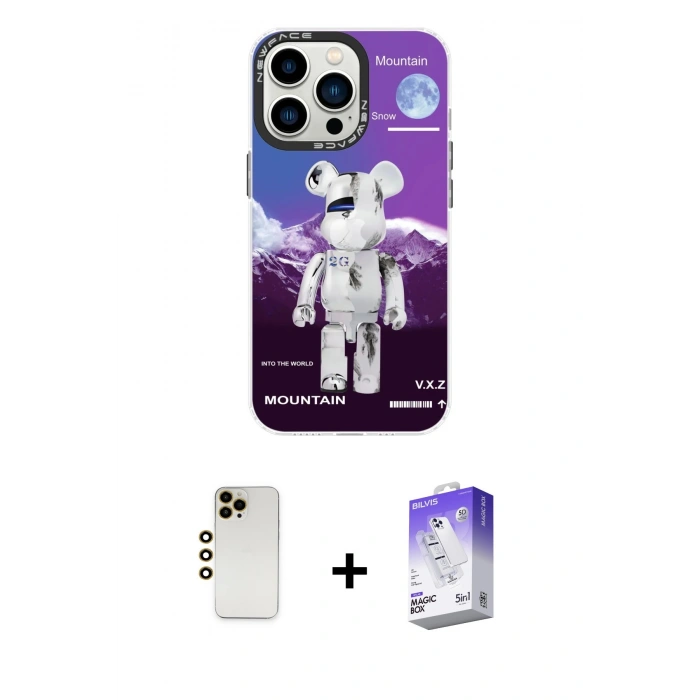 MARSİLYAN™- iPhone 13 Pro Max Kılıf Siluet Çizgi Koleksiyonu - Siyah Bilvis 5in1 3D Magic Cam Ekran Koruyucu + Shine Kamera Lens - GD