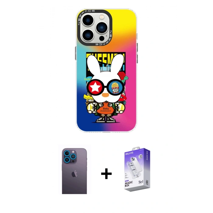 MARSİLYAN™- iPhone 13 Pro Max Kılıf Siluet Çizgi Koleksiyonu - Siyah Bilvis 5in1 3D Magic Cam Ekran Koruyucu + Neon Fosforlu Kamera Lens - MI