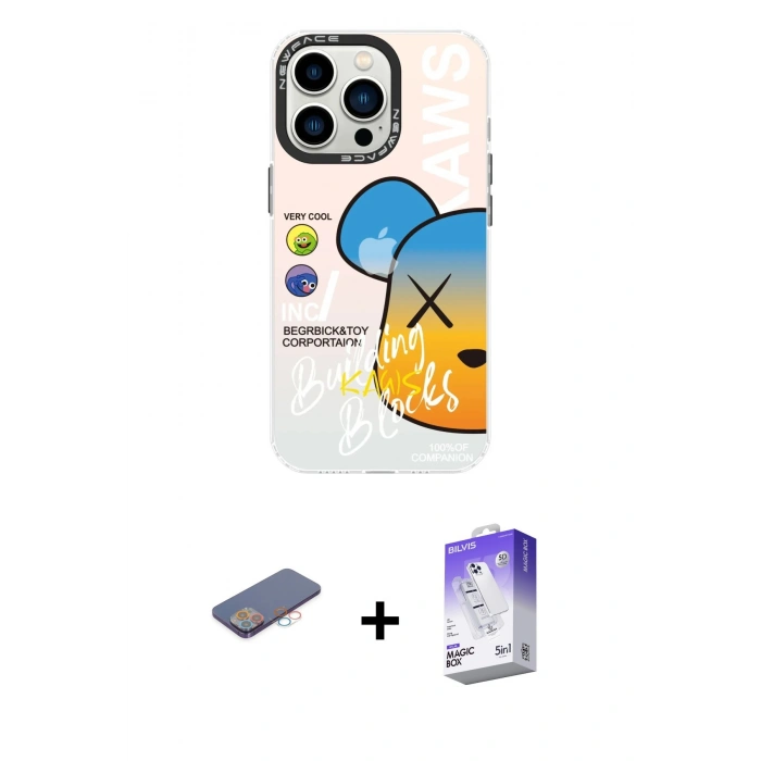 MARSİLYAN™- iPhone 13 Pro Max Kılıf Siluet Çizgi Koleksiyonu - Siyah Bilvis 5in1 3D Magic Cam Ekran Koruyucu + Renkli Kamera Lens Koruma Cam - PE