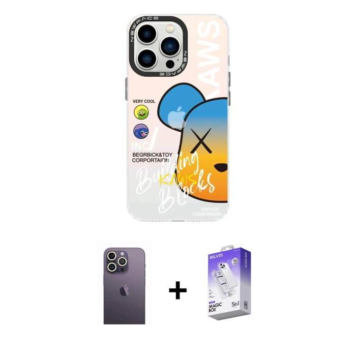 MARSİLYAN™- iPhone 13 Pro Max Kılıf Siluet Çizgi Koleksiyonu - Siyah Bilvis 5in1 3D Magic Cam Ekran Koruyucu + Beyaz Neon Fosforlu Kamera Lens