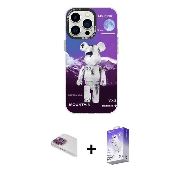 MARSİLYAN™- iPhone 13 Pro Max Kılıf Siluet Çizgi Koleksiyonu - Siyah Bilvis 5in1 3D Magic Cam Ekran Koruyucu + Gökkuşağı Pers Alüminyum Kamera Lens