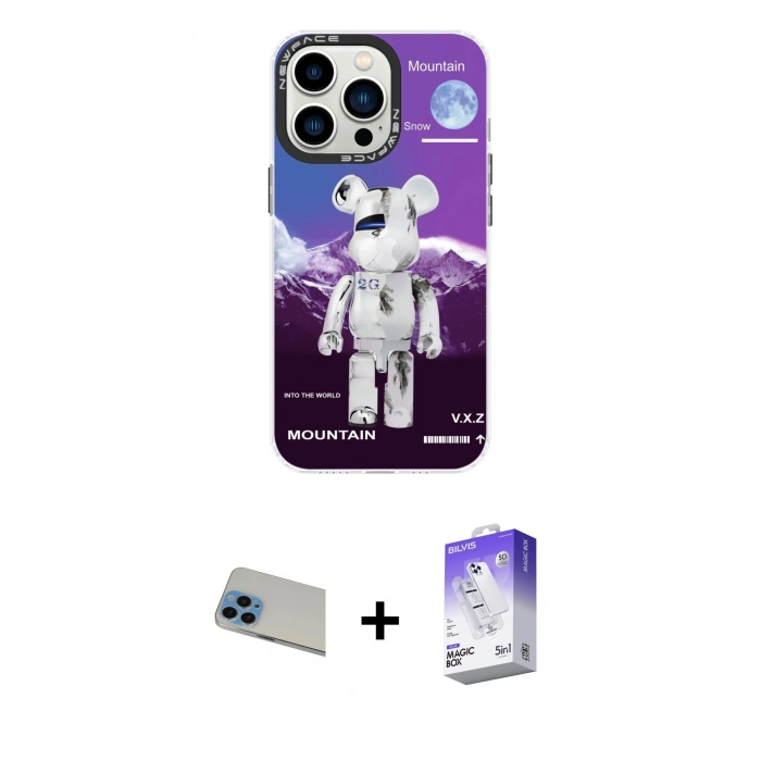 MARSİLYAN™- iPhone 13 Pro Max Kılıf Siluet Çizgi Koleksiyonu - Siyah Bilvis 5in1 3D Magic Cam Ekran Koruyucu + Rainbow Kamera Lens Koruma Cam - MI