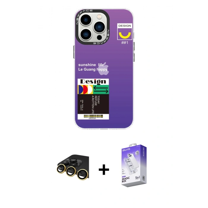 MARSİLYAN™- iPhone 13 Pro Max Kılıf Siluet Çizgi Koleksiyonu - Siyah Bilvis 5in1 3D Magic Cam Ekran Koruyucu + Raze Metal Kamera Lens - GD