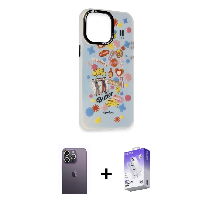 MARSİLYAN™- iPhone 13 Pro Max Kılıf Siluet Çizgi Koleksiyonu - Siyah Bilvis 5in1 3D Magic Cam Ekran Koruyucu + Beyaz Neon Fosforlu Kamera Lens