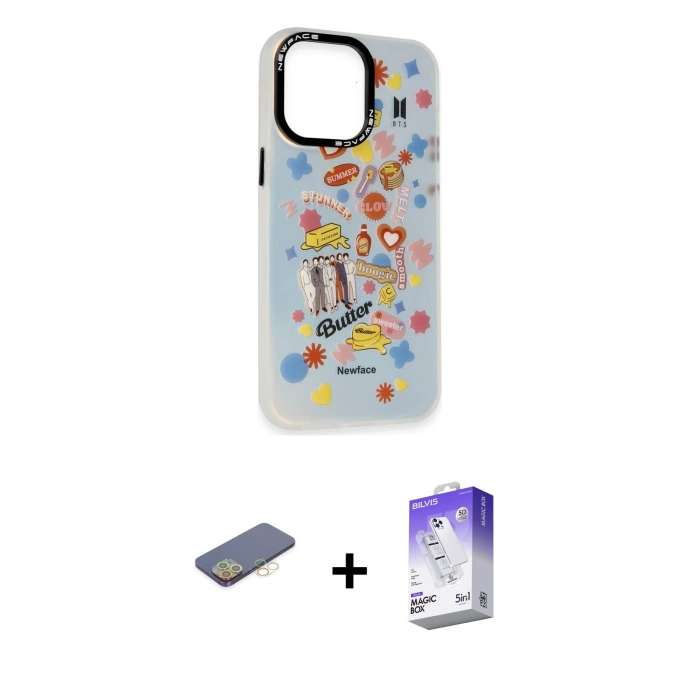MARSİLYAN™- iPhone 13 Pro Max Kılıf Siluet Çizgi Koleksiyonu - Siyah Bilvis 5in1 3D Magic Cam Ekran Koruyucu + Sarı Renkli Kamera Lens Koruma Cam