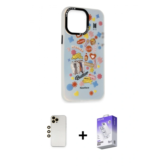 MARSİLYAN™- iPhone 13 Pro Max Kılıf Siluet Çizgi Koleksiyonu - Siyah Bilvis 5in1 3D Magic Cam Ekran Koruyucu + Shine Kamera Lens - GD