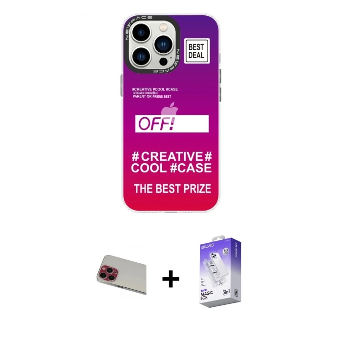 MARSİLYAN™- iPhone 13 Pro Max Kılıf Siluet Çizgi Koleksiyonu - Siyah Bilvis 5in1 3D Magic Cam Ekran Koruyucu + Kırmızı Rainbow Kamera Lens Koruma Cam