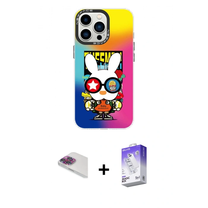 MARSİLYAN™- iPhone 13 Pro Max Kılıf Siluet Çizgi Koleksiyonu - Siyah Bilvis 5in1 3D Magic Cam Ekran Koruyucu + Gökkuşağı Pers Alüminyum Kamera Lens