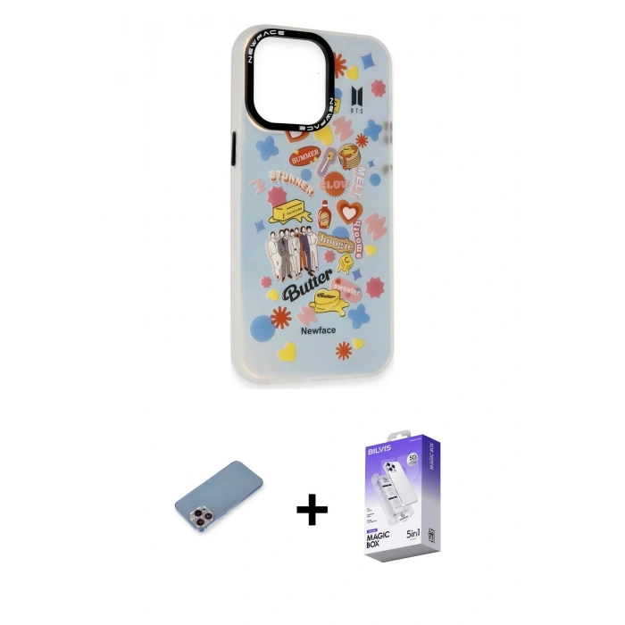 MARSİLYAN™- iPhone 13 Pro Max Kılıf Siluet Çizgi Koleksiyonu - Siyah Bilvis 5in1 3D Magic Cam Ekran Koruyucu + Pembe Shine Kamera Lens Koruma Cam
