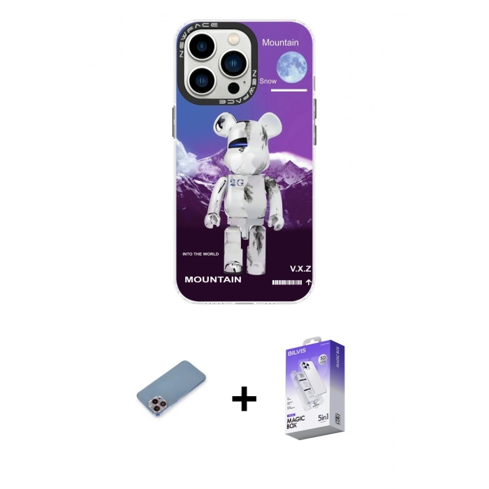 MARSİLYAN™- iPhone 13 Pro Max Kılıf Siluet Çizgi Koleksiyonu - Siyah Bilvis 5in1 3D Magic Cam Ekran Koruyucu + Pembe Shine Kamera Lens Koruma Cam