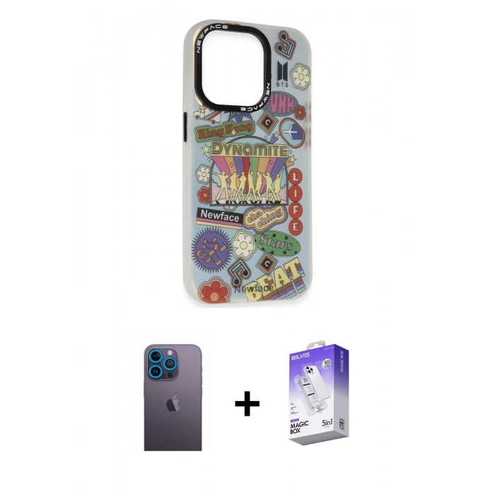 MARSİLYAN™- iPhone 13 Pro Max Kılıf Siluet Çizgi Koleksiyonu - Siyah Bilvis 5in1 3D Magic Cam Ekran Koruyucu + Neon Fosforlu Kamera Lens - MI