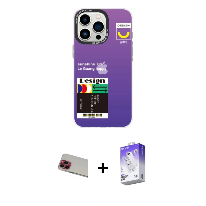 MARSİLYAN™- iPhone 13 Pro Max Kılıf Siluet Çizgi Koleksiyonu - Siyah Bilvis 5in1 3D Magic Cam Ekran Koruyucu + Kırmızı Rainbow Kamera Lens Koruma Cam