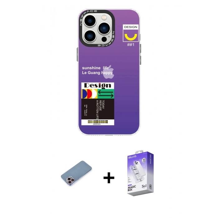 MARSİLYAN™- iPhone 13 Pro Max Kılıf Siluet Çizgi Koleksiyonu - Siyah Bilvis 5in1 3D Magic Cam Ekran Koruyucu + Pembe Shine Kamera Lens Koruma Cam