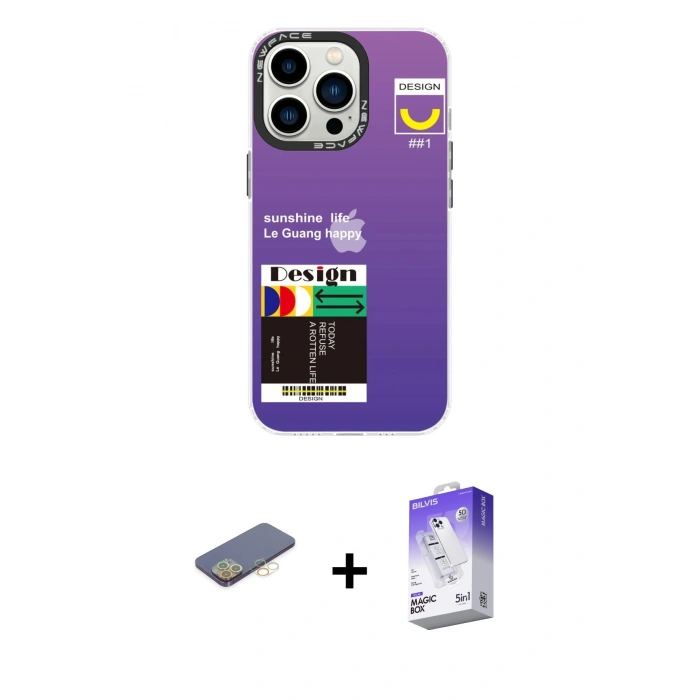 MARSİLYAN™- iPhone 13 Pro Max Kılıf Siluet Çizgi Koleksiyonu - Siyah Bilvis 5in1 3D Magic Cam Ekran Koruyucu + Sarı Renkli Kamera Lens Koruma Cam