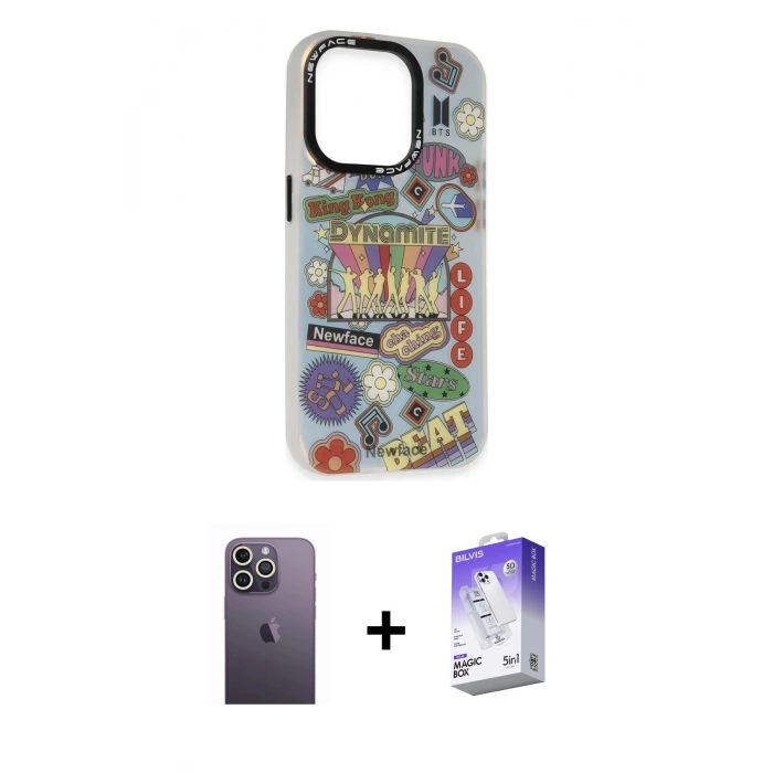 MARSİLYAN™- iPhone 13 Pro Max Kılıf Siluet Çizgi Koleksiyonu - Siyah Bilvis 5in1 3D Magic Cam Ekran Koruyucu + Beyaz Neon Fosforlu Kamera Lens