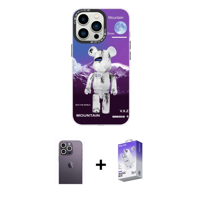 MARSİLYAN™- iPhone 13 Pro Max Kılıf Siluet Çizgi Koleksiyonu - Siyah Bilvis 5in1 3D Magic Cam Ekran Koruyucu + Beyaz Neon Fosforlu Kamera Lens