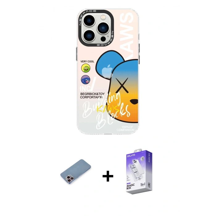 MARSİLYAN™- iPhone 13 Pro Max Kılıf Siluet Çizgi Koleksiyonu - Siyah Bilvis 5in1 3D Magic Cam Ekran Koruyucu + Pembe Shine Kamera Lens Koruma Cam