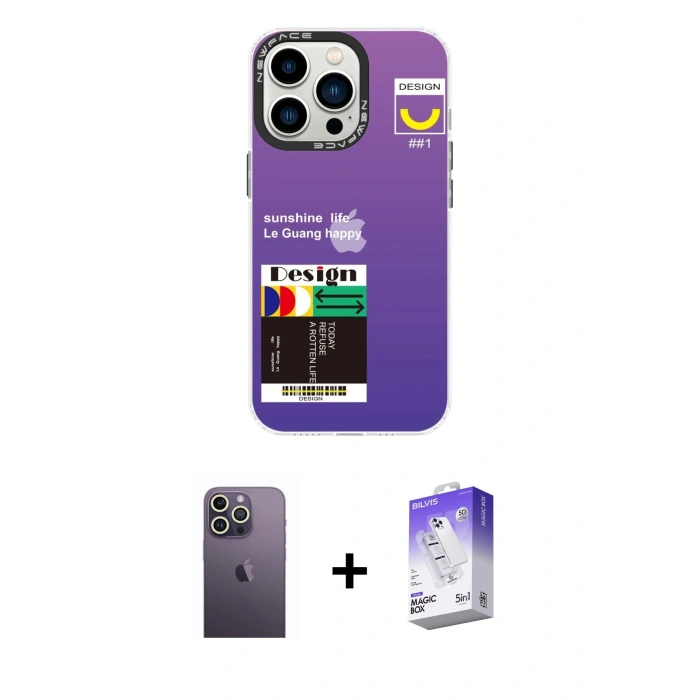 MARSİLYAN™- iPhone 13 Pro Max Kılıf Siluet Çizgi Koleksiyonu - Siyah Bilvis 5in1 3D Magic Cam Ekran Koruyucu + Beyaz Neon Fosforlu Kamera Lens