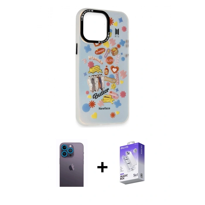 MARSİLYAN™- iPhone 13 Pro Max Kılıf Siluet Çizgi Koleksiyonu - Siyah Bilvis 5in1 3D Magic Cam Ekran Koruyucu + Neon Fosforlu Kamera Lens - MI