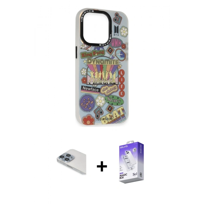 MARSİLYAN™- iPhone 13 Pro Max Kılıf Siluet Çizgi Koleksiyonu - Siyah Bilvis 5in1 3D Magic Cam Ekran Koruyucu + Pers Alüminyum Kamera Lens - SABE