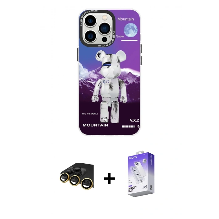 MARSİLYAN™- iPhone 13 Pro Max Kılıf Siluet Çizgi Koleksiyonu - Siyah Bilvis 5in1 3D Magic Cam Ekran Koruyucu + Raze Metal Kamera Lens - GD