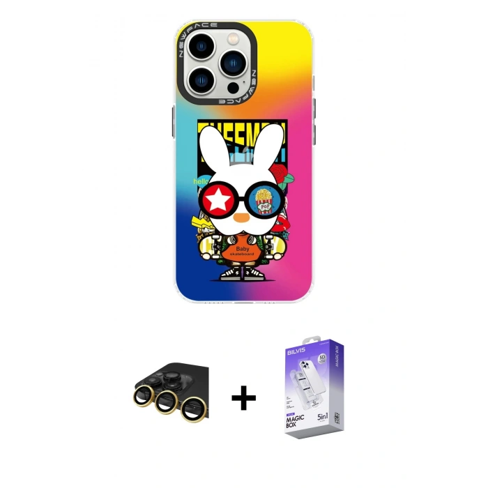 MARSİLYAN™- iPhone 13 Pro Max Kılıf Siluet Çizgi Koleksiyonu - Siyah Bilvis 5in1 3D Magic Cam Ekran Koruyucu + Raze Metal Kamera Lens - GD