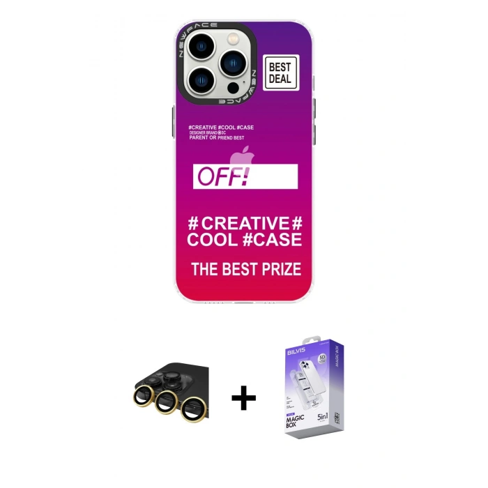 MARSİLYAN™- iPhone 13 Pro Max Kılıf Siluet Çizgi Koleksiyonu - Siyah Bilvis 5in1 3D Magic Cam Ekran Koruyucu + Raze Metal Kamera Lens - GD