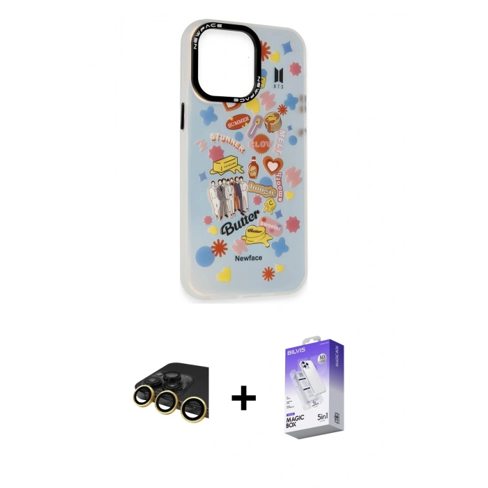 MARSİLYAN™- iPhone 13 Pro Max Kılıf Siluet Çizgi Koleksiyonu - Siyah Bilvis 5in1 3D Magic Cam Ekran Koruyucu + Raze Metal Kamera Lens - GD
