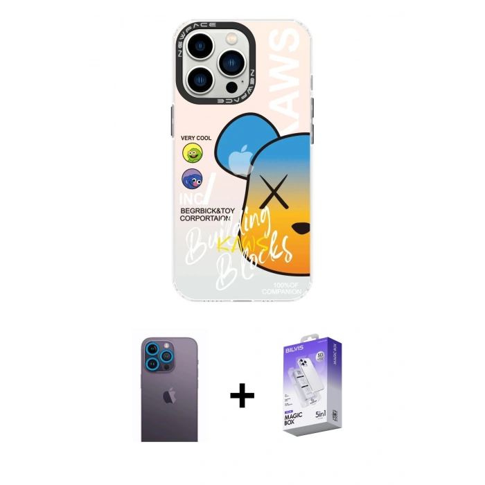 MARSİLYAN™- iPhone 13 Pro Max Kılıf Siluet Çizgi Koleksiyonu - Siyah Bilvis 5in1 3D Magic Cam Ekran Koruyucu + Neon Fosforlu Kamera Lens - MI