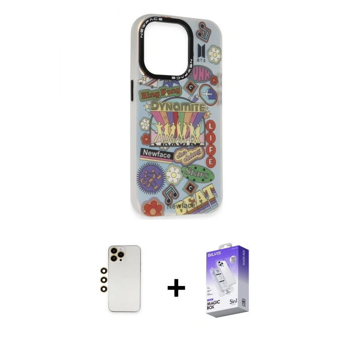 MARSİLYAN™- iPhone 13 Pro Max Kılıf Siluet Çizgi Koleksiyonu - Siyah Bilvis 5in1 3D Magic Cam Ekran Koruyucu + Shine Kamera Lens - GD