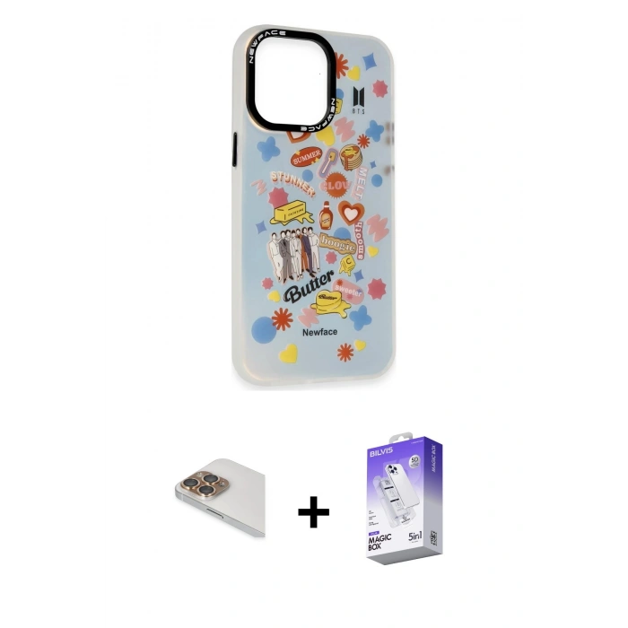 MARSİLYAN™- iPhone 13 Pro Max Kılıf Siluet Çizgi Koleksiyonu - Siyah Bilvis 5in1 3D Magic Cam Ekran Koruyucu + Gold Pers Alüminyum Kamera Lens