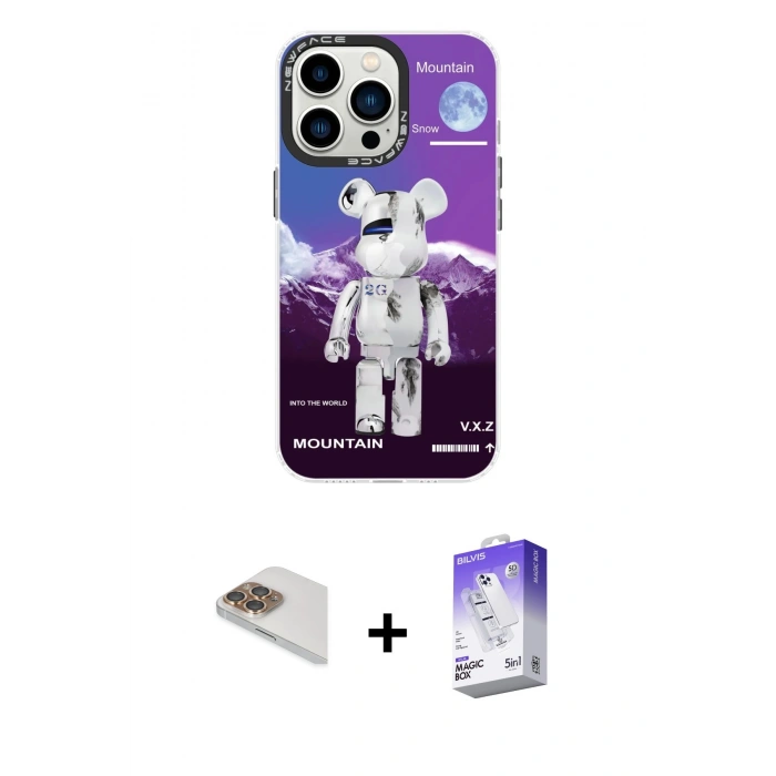 MARSİLYAN™- iPhone 13 Pro Max Kılıf Siluet Çizgi Koleksiyonu - Siyah Bilvis 5in1 3D Magic Cam Ekran Koruyucu + Gold Pers Alüminyum Kamera Lens