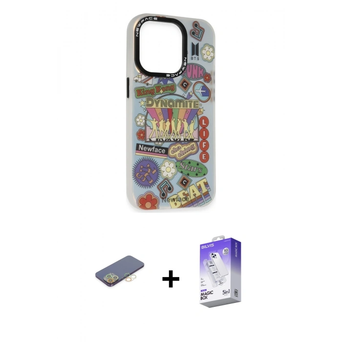 MARSİLYAN™- iPhone 13 Pro Max Kılıf Siluet Çizgi Koleksiyonu - Siyah Bilvis 5in1 3D Magic Cam Ekran Koruyucu + Sarı Renkli Kamera Lens Koruma Cam