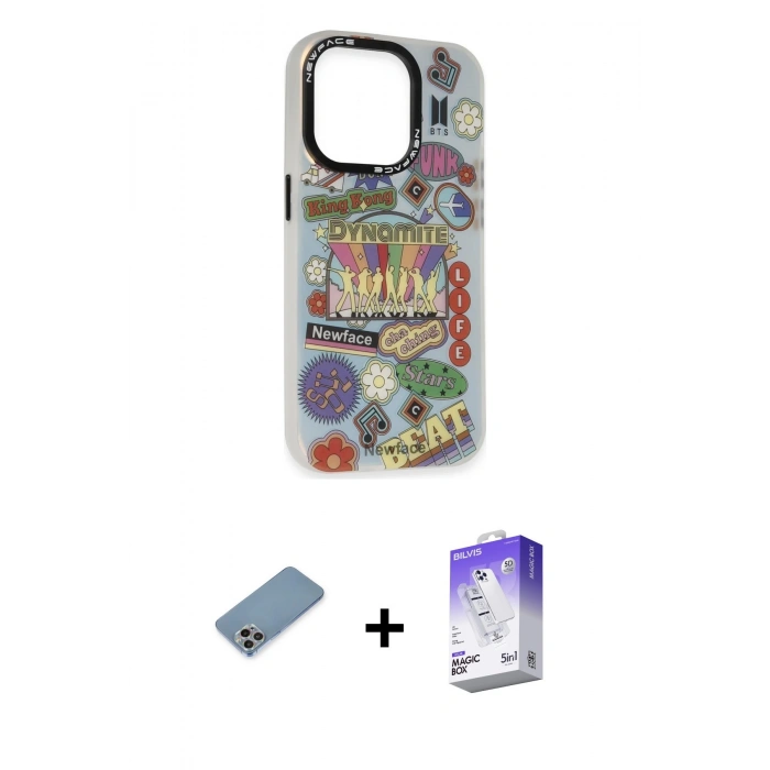 MARSİLYAN™- iPhone 13 Pro Max Kılıf Siluet Çizgi Koleksiyonu - Siyah Bilvis 5in1 3D Magic Cam Ekran Koruyucu + Shine Kamera Lens Koruma Cam - GI