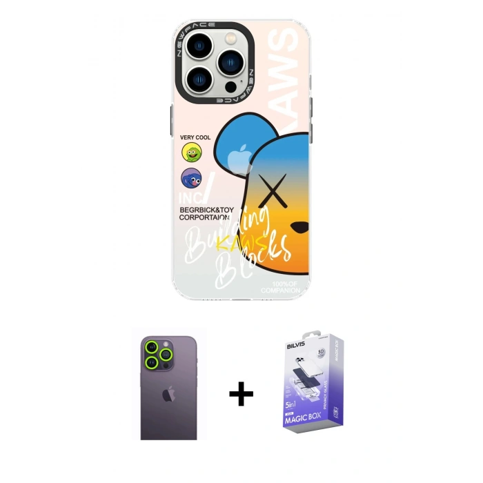 MARSİLYAN™- iPhone 13 Pro Max Kılıf Siluet Çizgi Koleksiyonu - Siyah Bilvis 5in1 5D Magic Hayalet Cam Ekran Koruyucu + Neon Fosforlu Kamera Lens - YL