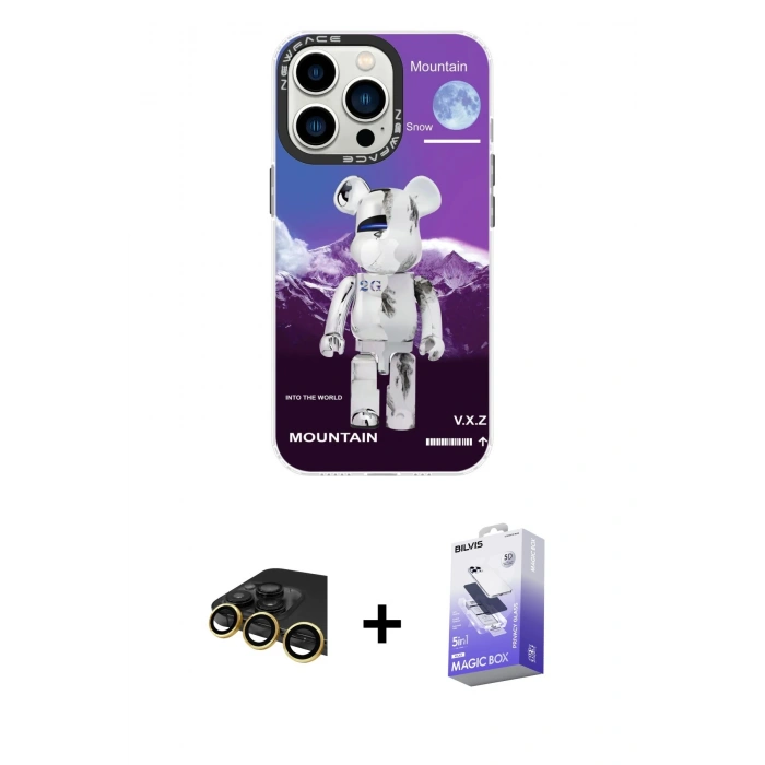 MARSİLYAN™- iPhone 13 Pro Max Kılıf Siluet Çizgi Koleksiyonu - Siyah Bilvis 5in1 5D Magic Hayalet Cam Ekran Koruyucu + Raze Metal Kamera Lens - GD