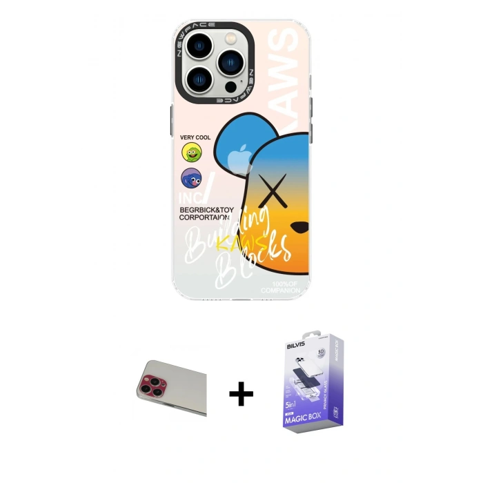 MARSİLYAN™- iPhone 13 Pro Max Kılıf Siluet Çizgi Koleksiyonu - Siyah Bilvis 5in1 5D Magic Hayalet Cam Ekran Koruyucu + Rainbow Kamera Lens Koruma Cam - KI