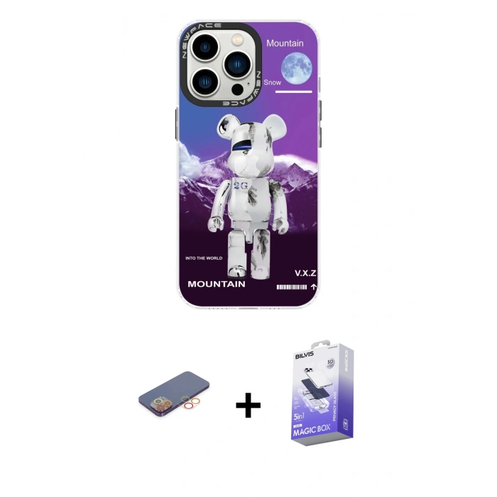 MARSİLYAN™- iPhone 13 Pro Max Kılıf Siluet Çizgi Koleksiyonu - Siyah Bilvis 5in1 5D Magic Hayalet Cam Ekran Koruyucu + Renkli Kamera Lens Koruma Cam - TU