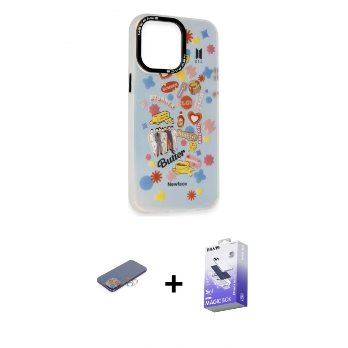 MARSİLYAN™- iPhone 13 Pro Max Kılıf Siluet Çizgi Koleksiyonu - Siyah Bilvis 5in1 5D Magic Hayalet Cam Ekran Koruyucu + Renkli Kamera Lens Koruma Cam - PE